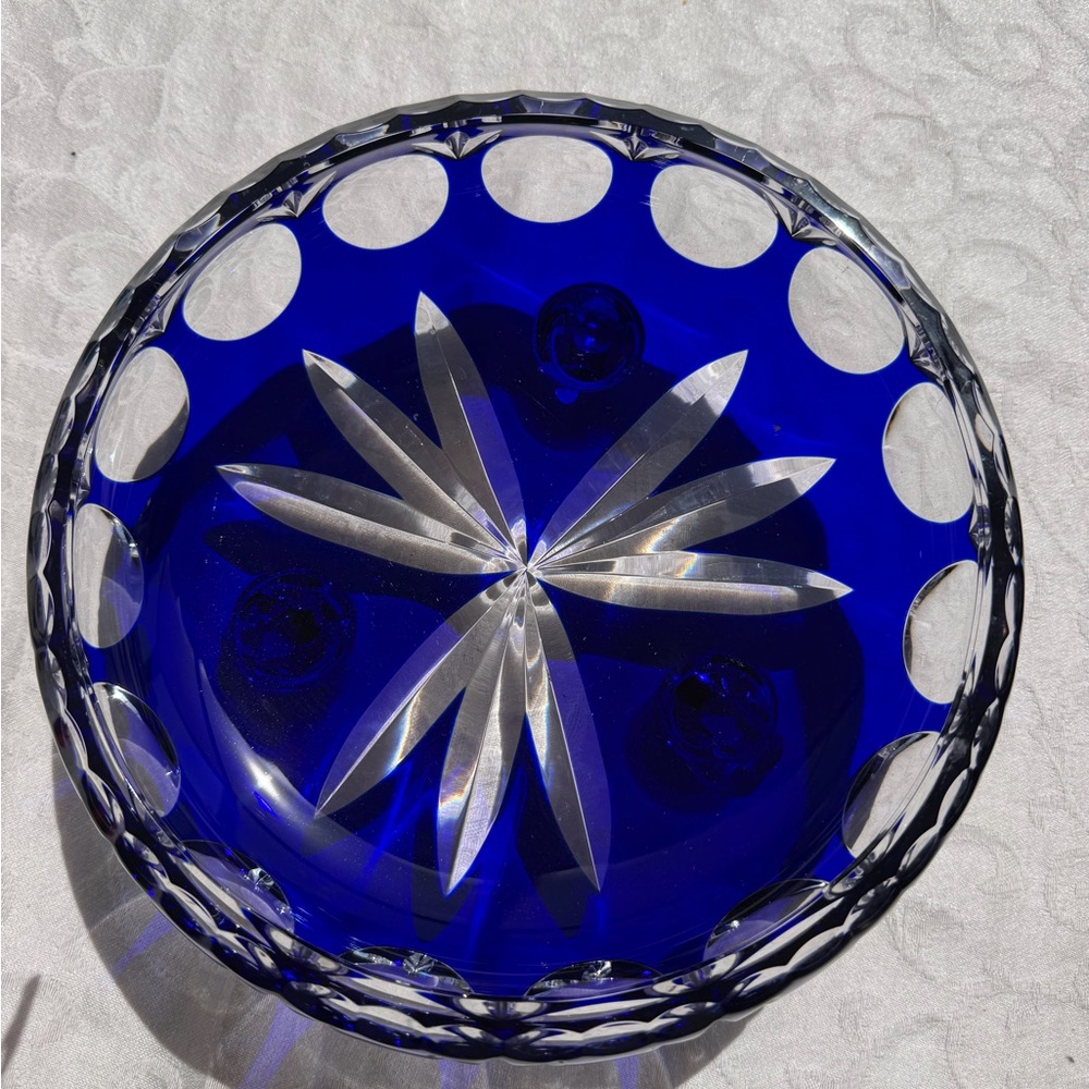 Vintage Cobalt Blue Cut Glass Decorative Bowl - Home Art 8” width , 3” tall - Picture 12 of 13